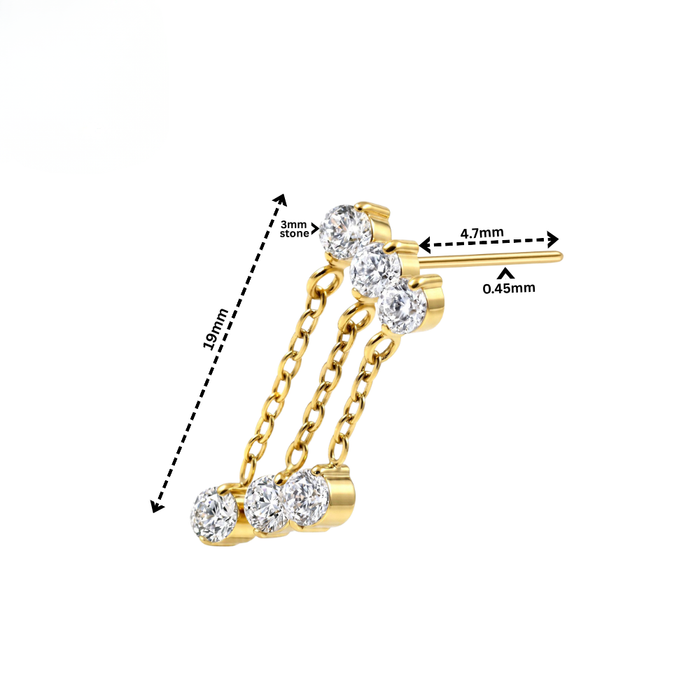 G23 Titanium Triple CZ Chain Drape Threadless Labret Accessory Top
