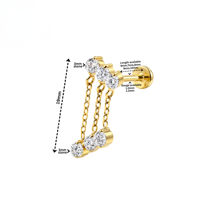 G23 Titanium Triple CZ Chain Drape Threadless Flatback Stud
