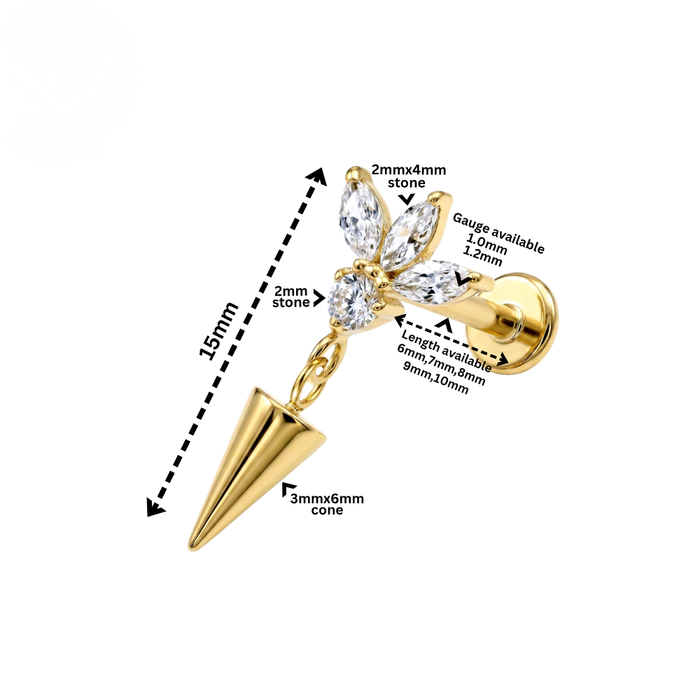 G23 Titanium Marquise Flower Spike Dangling Threadless Flatback Stud