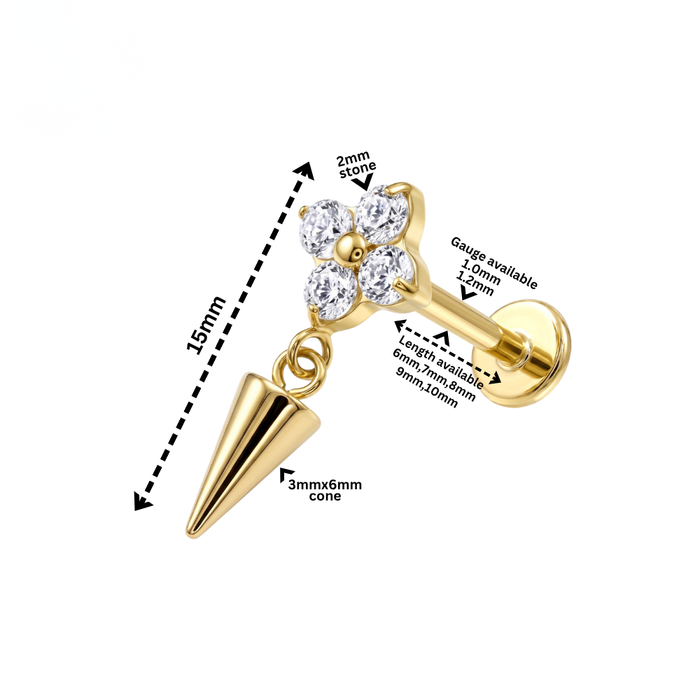 G23 Titanium Flower CZ Spike Dangling Threadless Flatback Stud