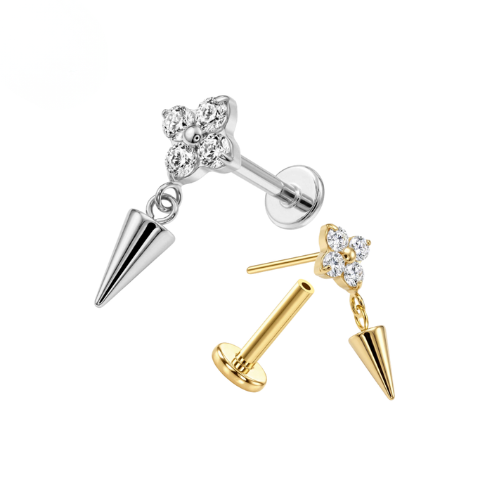 G23 Titanium Flower CZ Spike Dangling Threadless Flatback Stud