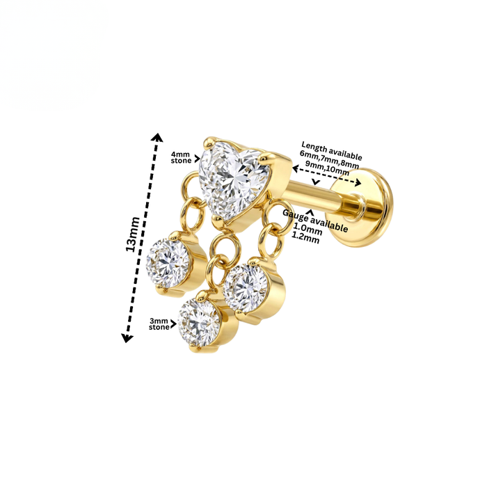 G23 Titanium Heart CZ Triple Drop Threadless Flatback Stud