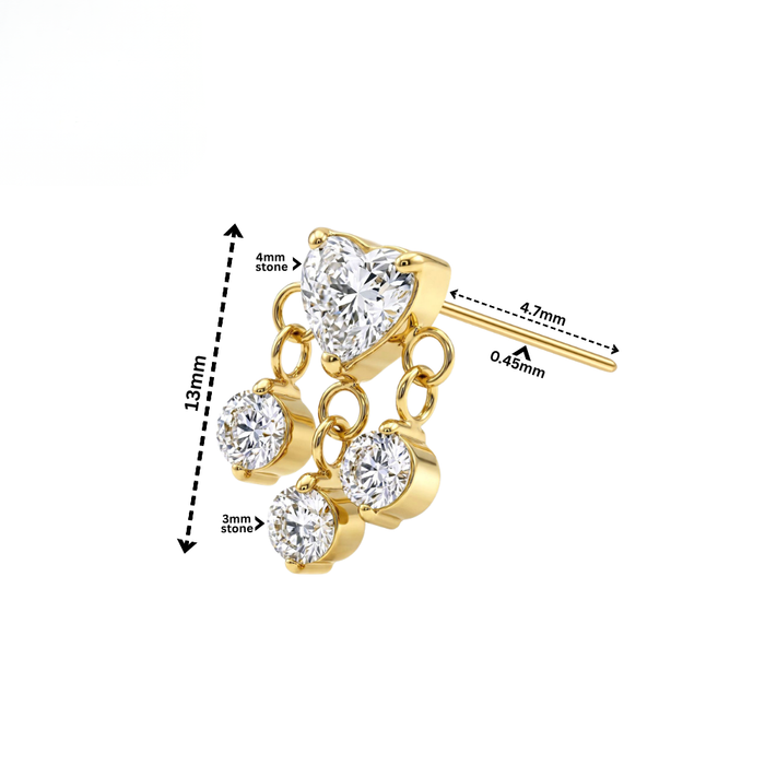 G23 Titanium Heart CZ Triple Drop Threadless Labret Accessory Top