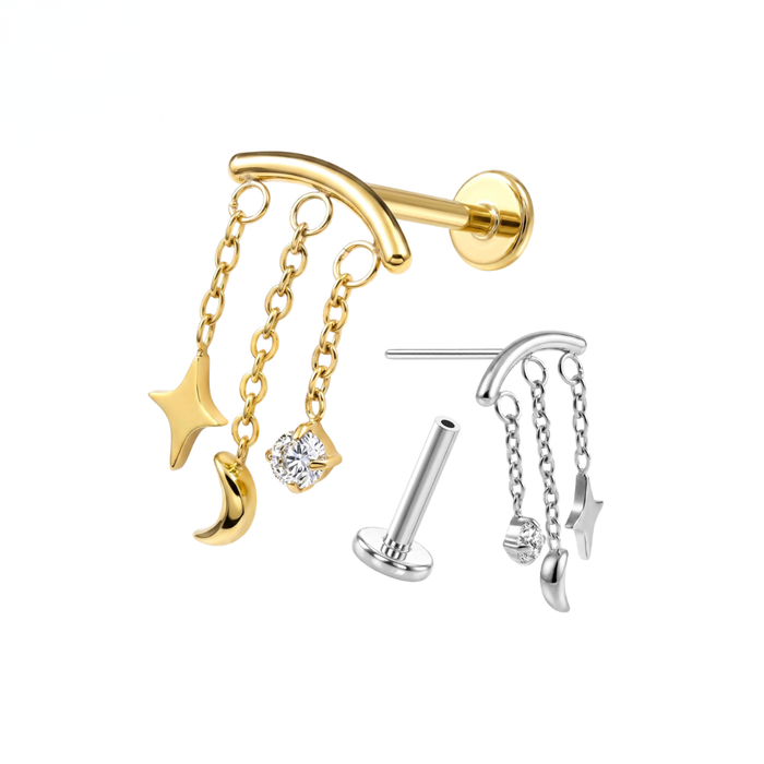 G23 Titanium Celestial Charm Chain Dangling Threadless Flatback Stud