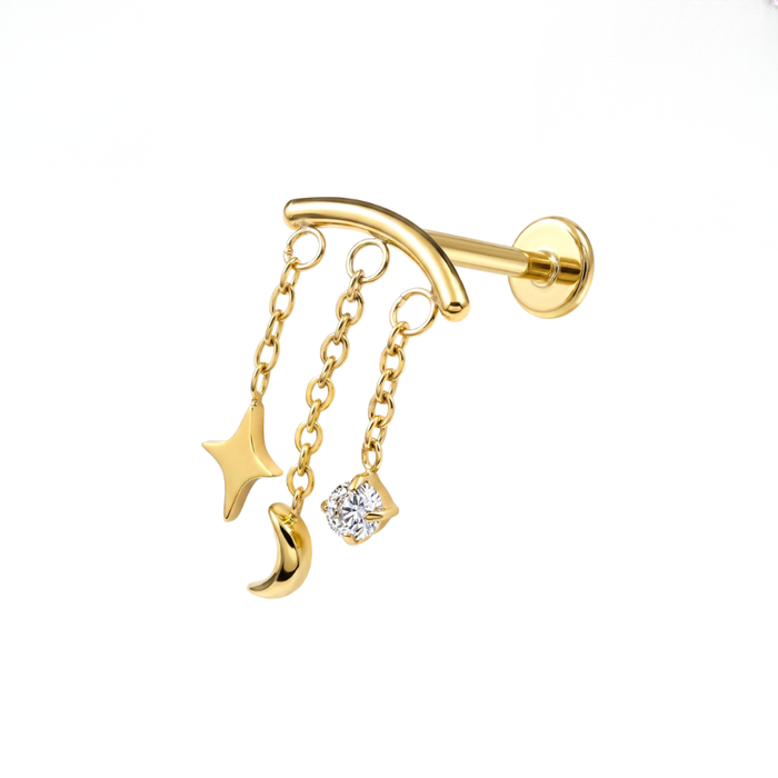 G23 Titanium Celestial Charm Chain Dangling Threadless Flatback Stud