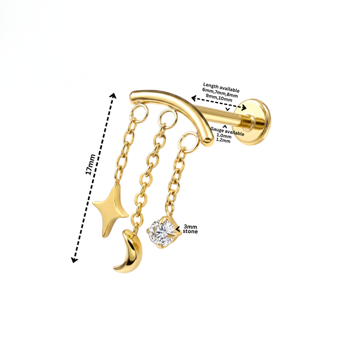G23 Titanium Celestial Charm Chain Dangling Threadless Flatback Stud