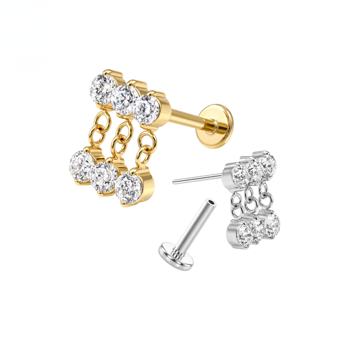 G23 Titanium Triple CZ Chain Drop Threadless Flatback Stud