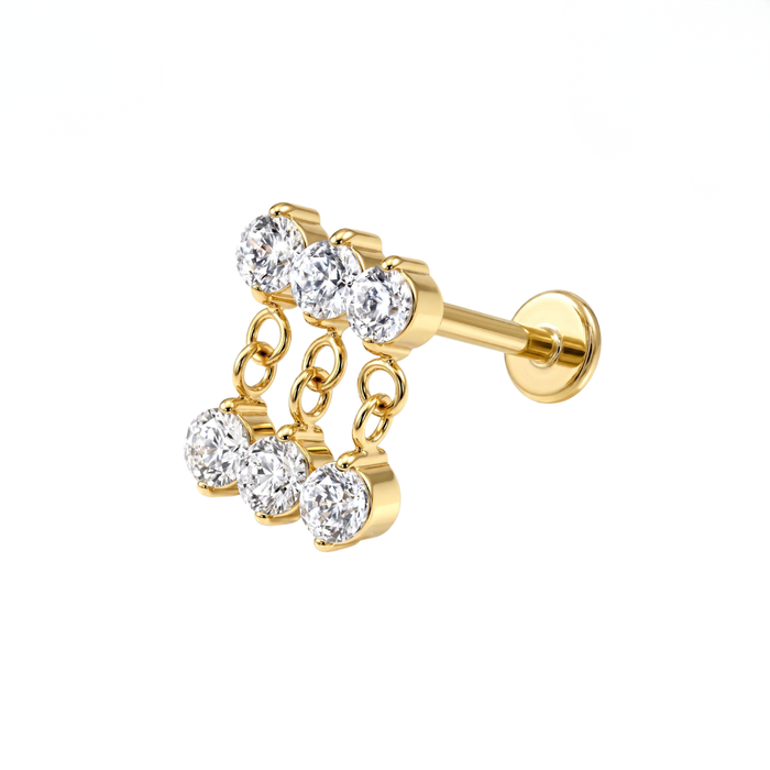 G23 Titanium Triple CZ Chain Drop Threadless Flatback Stud