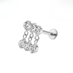 G23 Titanium Triple CZ Chain Drop Threadless Flatback Stud