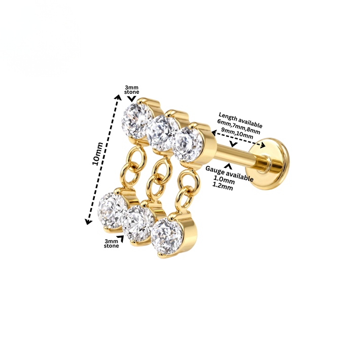 G23 Titanium Triple CZ Chain Drop Threadless Flatback Stud