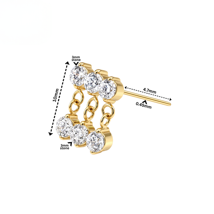 G23 Titanium Triple CZ Chain Drop Threadless Labret Accessory Top