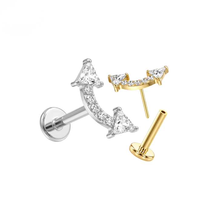 G23 Titanium CZ Jewelled Double Arrow Threadless Flatback Stud