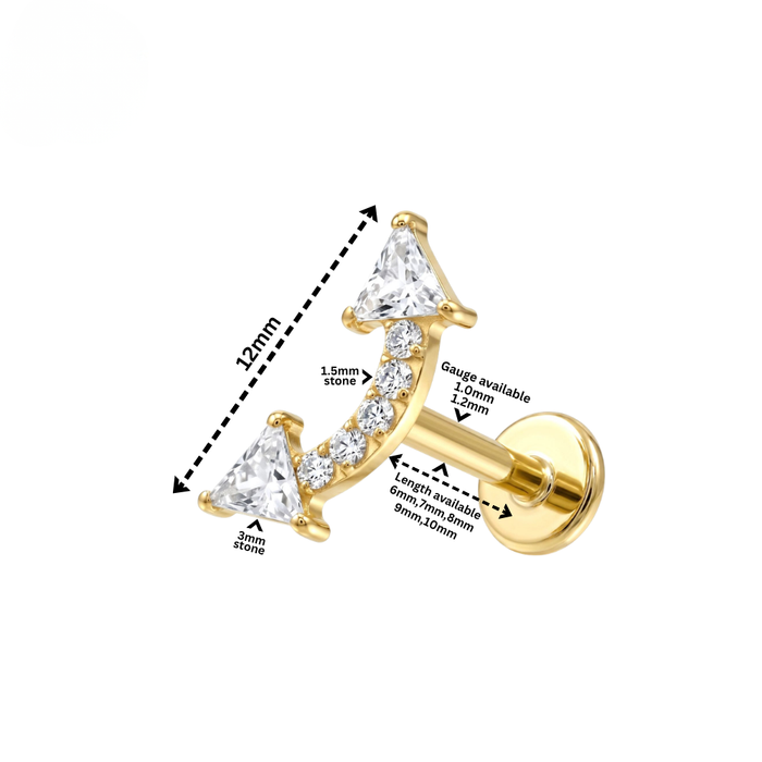 G23 Titanium CZ Jewelled Double Arrow Threadless Flatback Stud