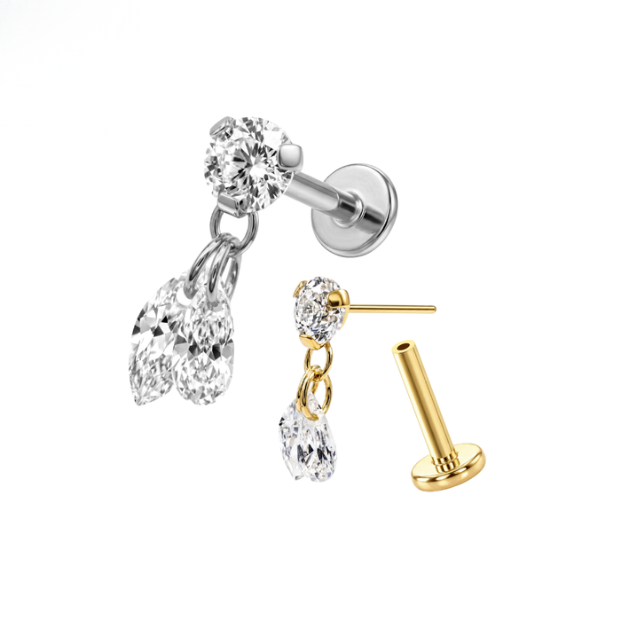 G23 Titanium Duo Marquise CZ Drop Threadless Flatback Stud