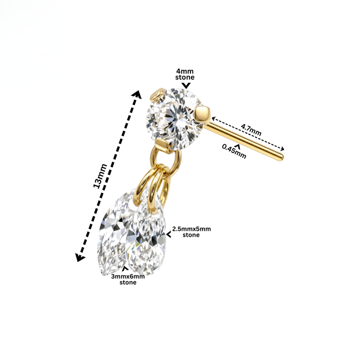 G23 Titanium Duo Marquise CZ Drop Threadless Labret Accessory Top