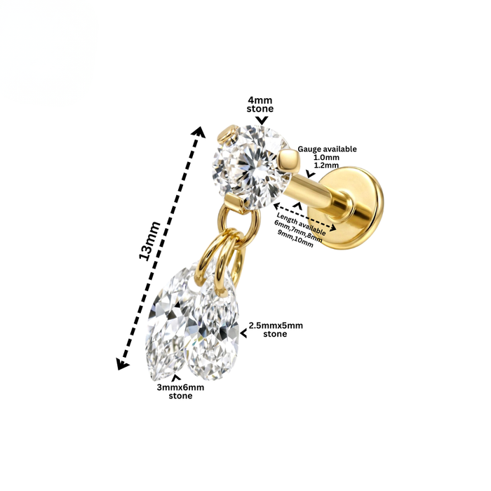 G23 Titanium Duo Marquise CZ Drop Threadless Flatback Stud