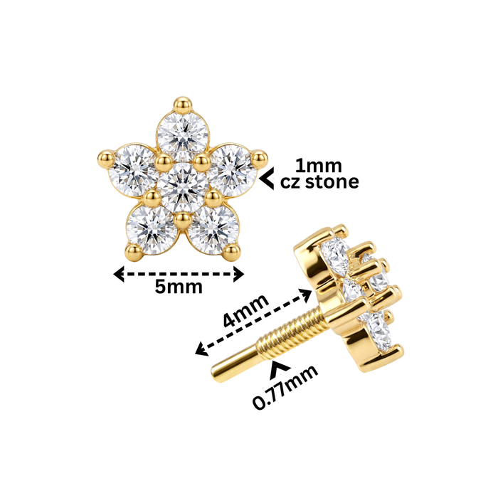 14K Gold Internal Thread CZ Daisy Flower Top