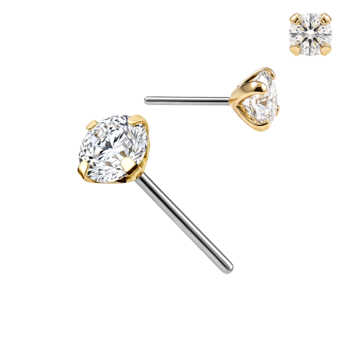 14K Gold Round CZ Threadless Labret Top with Titanium Push Pin