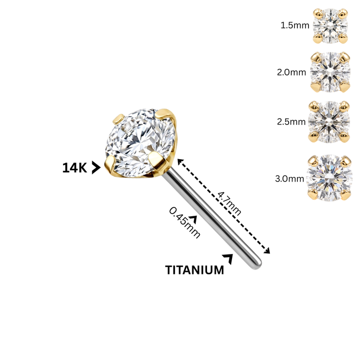 14K Gold Round CZ Threadless Labret Top with Titanium Push Pin