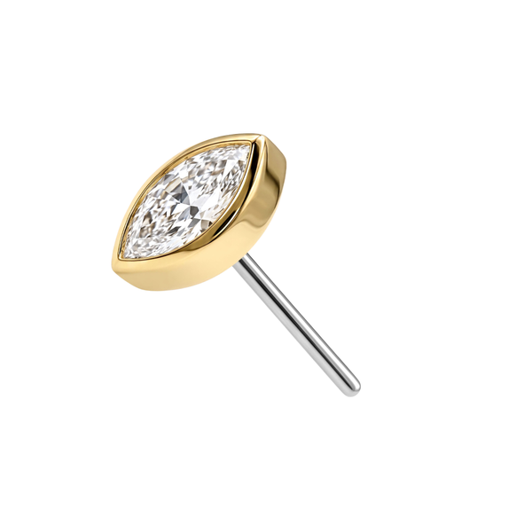 14K Gold Bezel Marquise CZ Threadless Labret Top with Titanium Push Pin