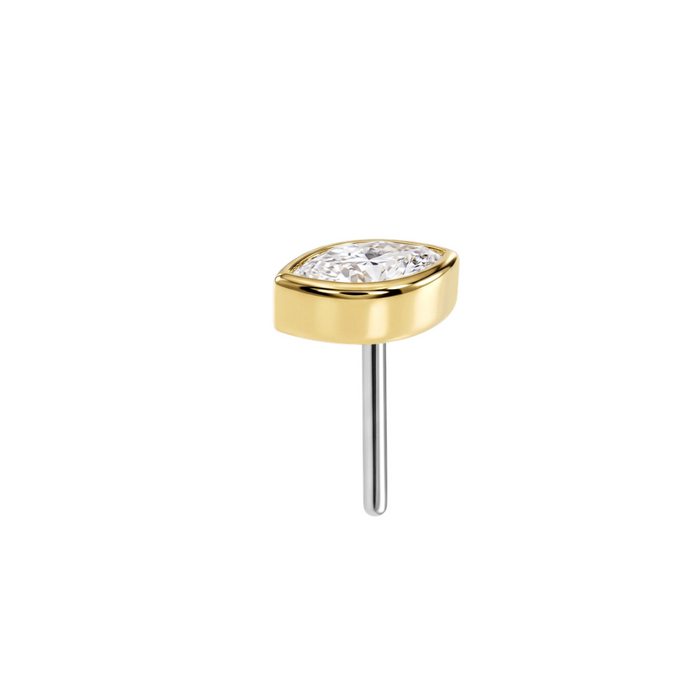 14K Gold Bezel Marquise CZ Threadless Labret Top with Titanium Push Pin