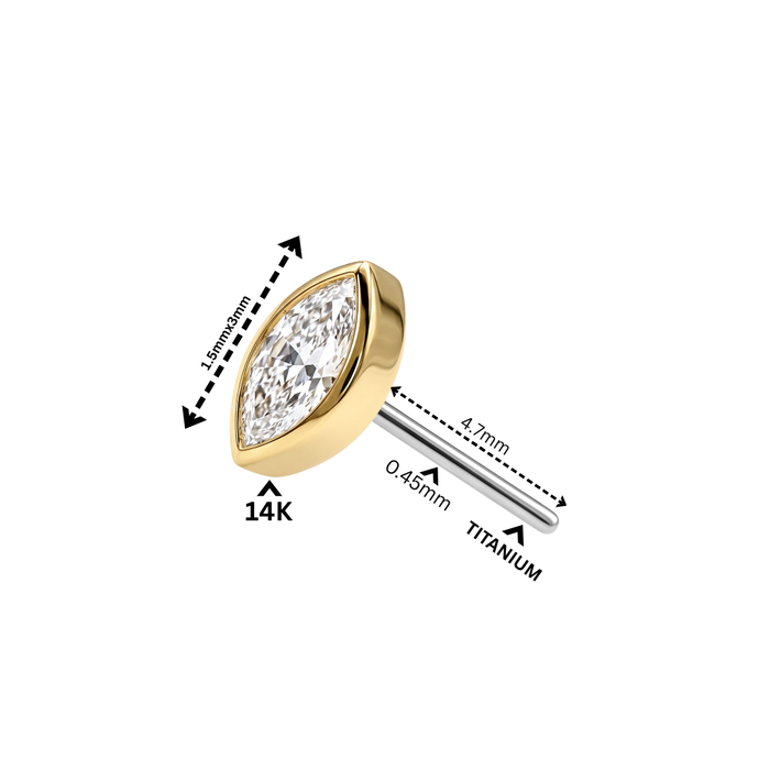 14K Gold Bezel Marquise CZ Threadless Labret Top with Titanium Push Pin