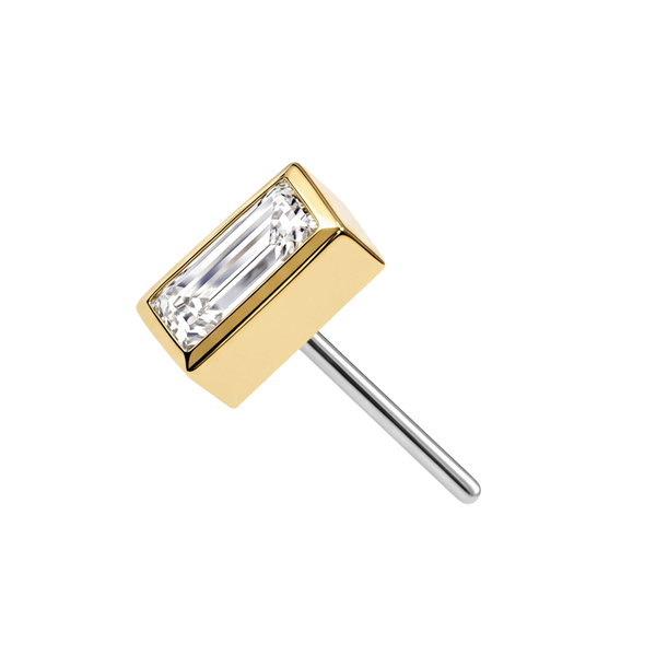 14K Gold Bezel Baguette CZ Threadless Labret Top with Titanium Push Pin