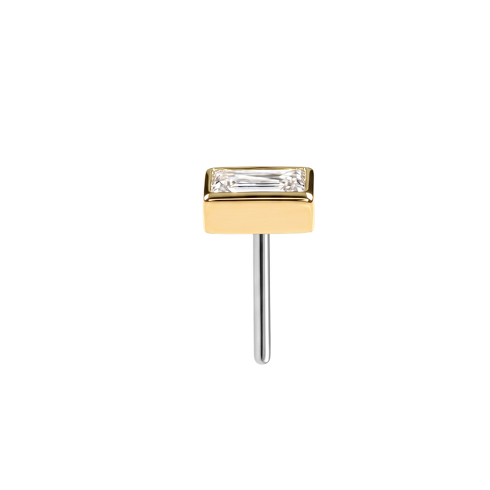 14K Gold Bezel Baguette CZ Threadless Labret Top with Titanium Push Pin