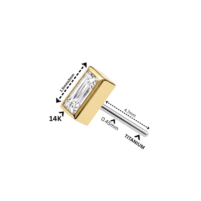14K Gold Bezel Baguette CZ Threadless Labret Top with Titanium Push Pin