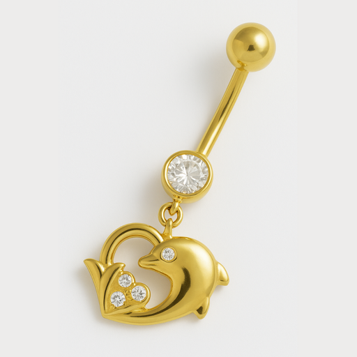 14K Gold Dolphin Heart Belly Ring - Monster Piercing