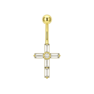 14K Gold Dangling Gemstone Cross Belly Ring