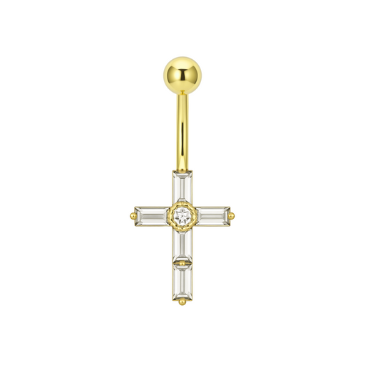 14K Gold Dangling Gemstone Cross Belly Ring - Monster Piercing