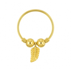 14K Gold Bead & Leaf Charm Nose Hoop Ring