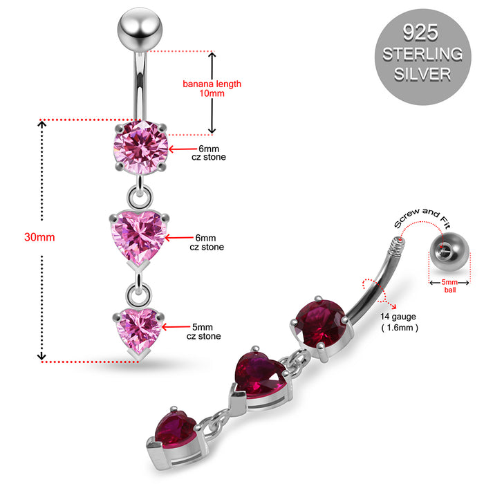 925 Sterling Silver Tiered Heart CZ Drop Dangling Belly Ring