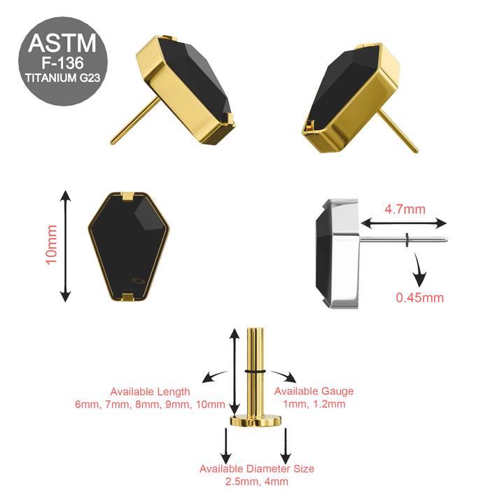 G23 Titanium CZ Jewelled Coffin Threadless Flatback Stud