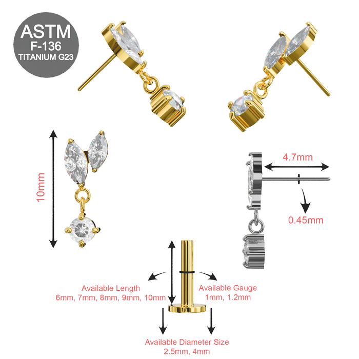 G23 Titanium Marquise CZ Jewelled Leaf Drop Threadless Flatback Stud