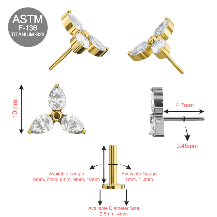 G23 Titanium Triple CZ Jewelled Flower Threadless Flatback Stud