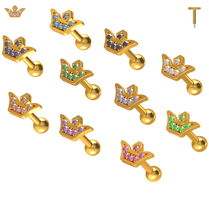 925 Sterling Silver Jewelled Crown Cartilage Stud - Monster Piercing