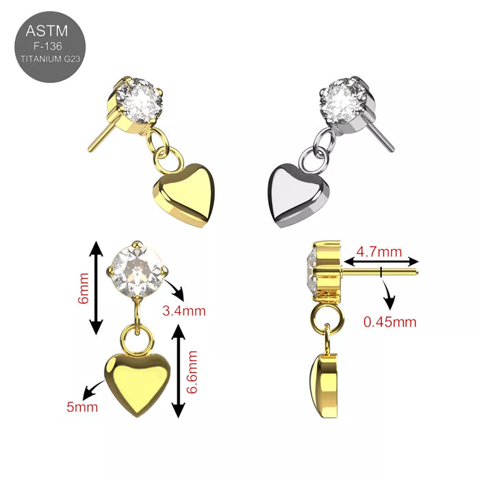 G23 Titanium Dangling Heart Charm with CZ Threadless Labret Accessory Top