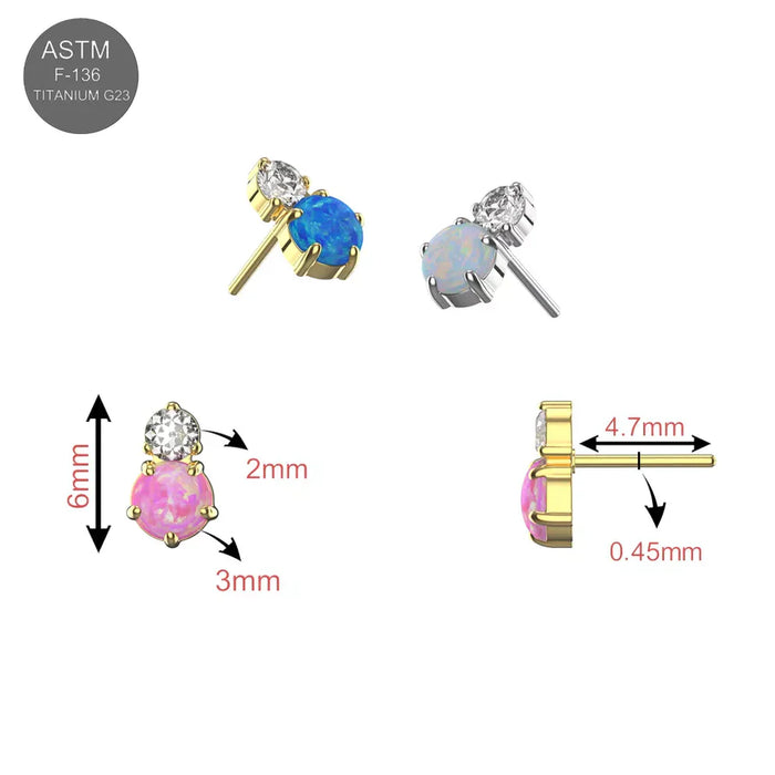 G23 Titanium White Opal & CZ Duo Threadless Flatback Stud