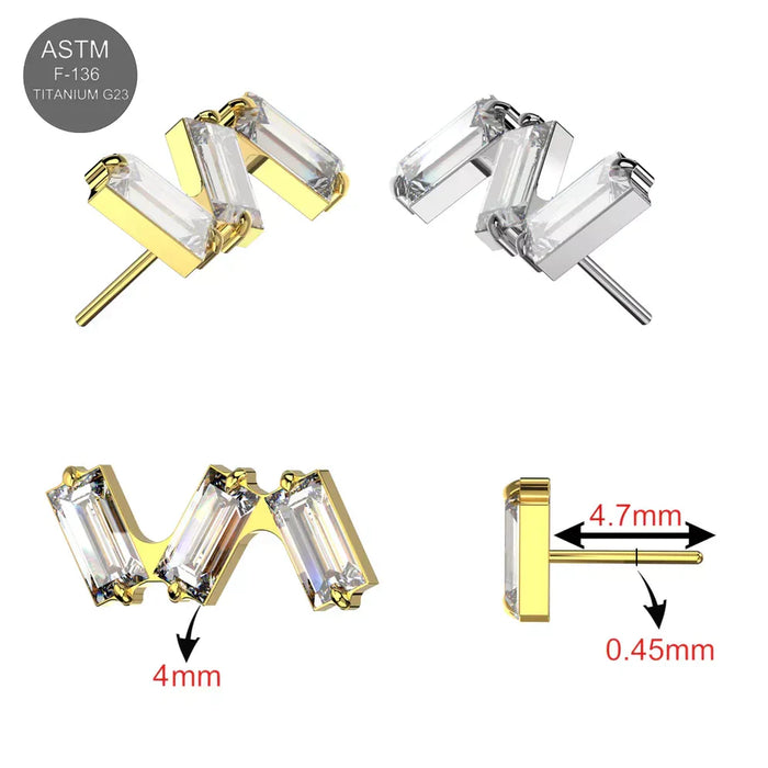 G23 Titanium Triple CZ Baguette Threadless Flatback Stud Monster Piercing United Kingdom