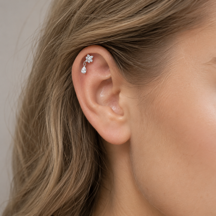 G23 Titanium Lotus Teardrop CZ Dangling Threadless Flatback Stud
