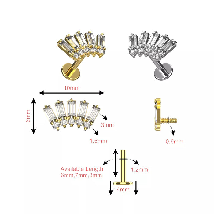 316L Surgical Steel Baguette CZ Internally Threaded Flatback Stud