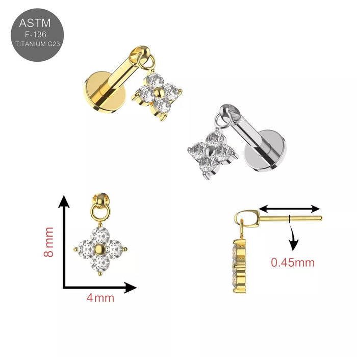 Gold and silver flower labret jewelry with cubic zirconia stones for cartilage piercings
