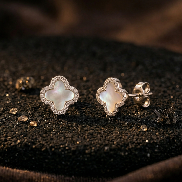 925 Sterling Silver Rhodium Plated Iridescent Clover Stud Earrings