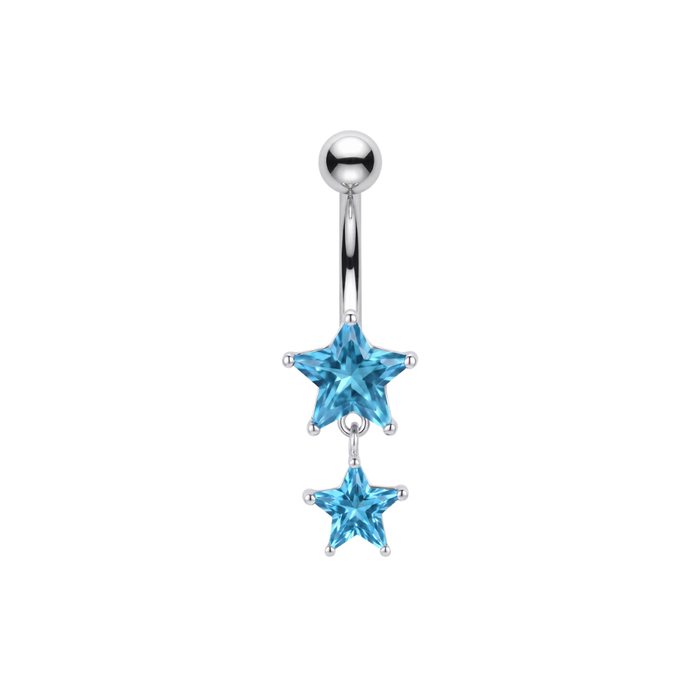925 Sterling Silver Double Star CZ Dangle Belly Bar