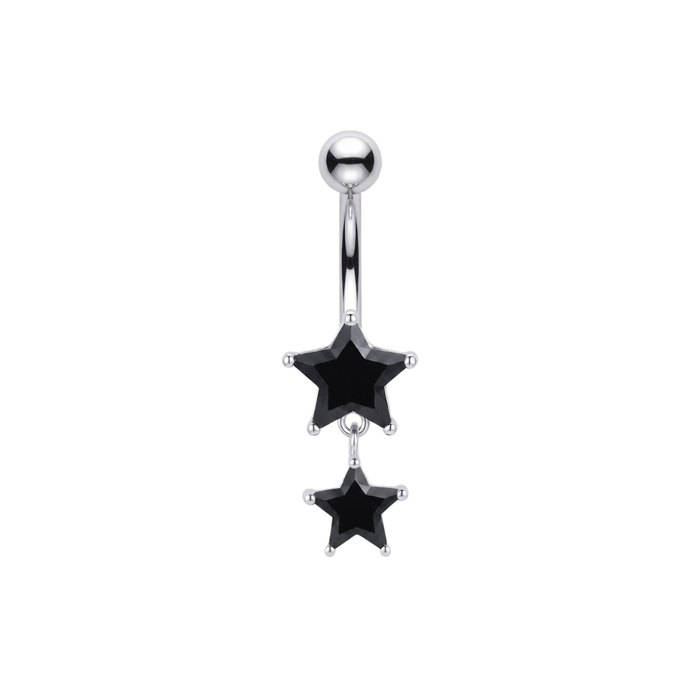 925 Sterling Silver Double Star CZ Dangle Belly Bar