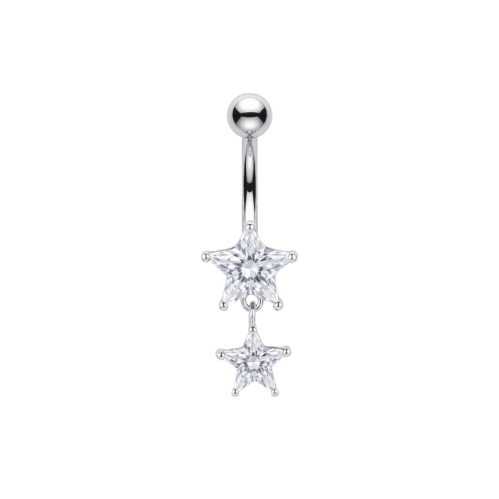 925 Sterling Silver Double Star CZ Dangle Belly Bar