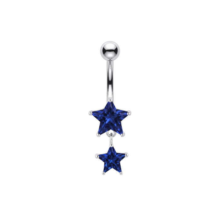 925 Sterling Silver Double Star CZ Dangle Belly Bar