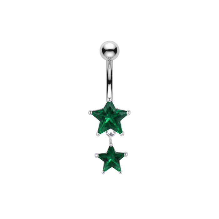 925 Sterling Silver Double Star CZ Dangle Belly Bar